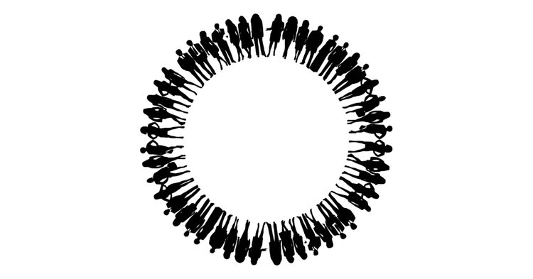 Black silhouettes of people arranged in a circle around an empty center