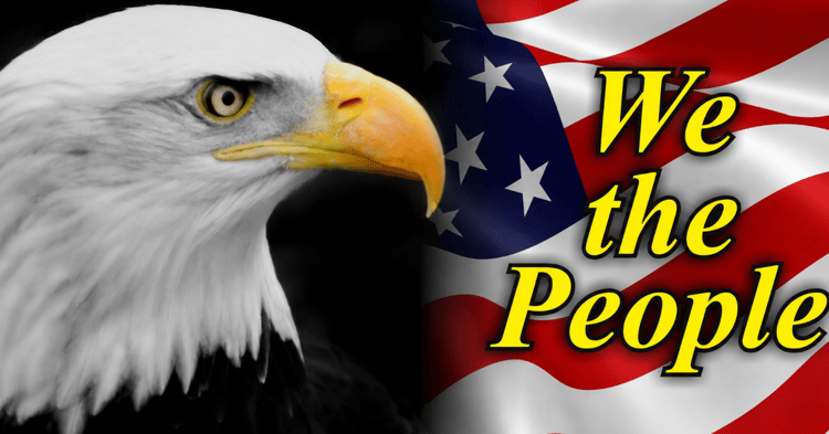 A black-and-white bald eagle head facing right beside an American flag with the yellow text We the People overlaid on the stars and stripes