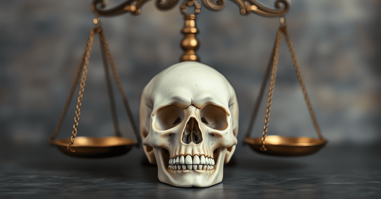 A skull sits atop scales of justice, symbolizing a flawed legal system lacking accountability and transparency within law ...