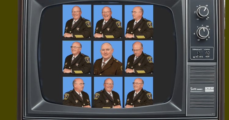 Sheriff candidates Lowery and Hoss Mack depicted in a grid within an old television set, suggesting a recurring pattern