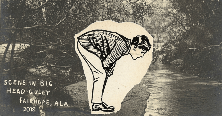 A historical photograph of Big Head Gully overlaid with a black-and-white line drawing of a person bending over the edge