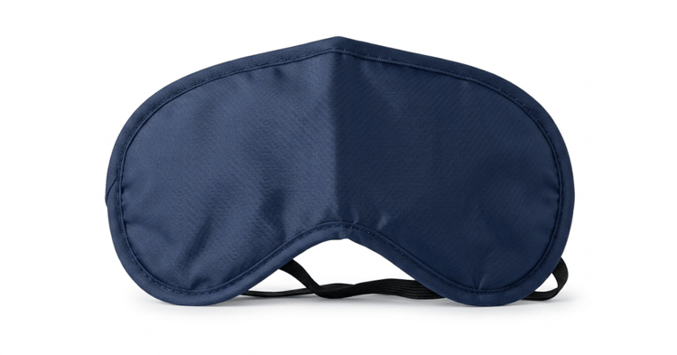 A dark blue sleep mask with an elastic strap lying flat on a white background