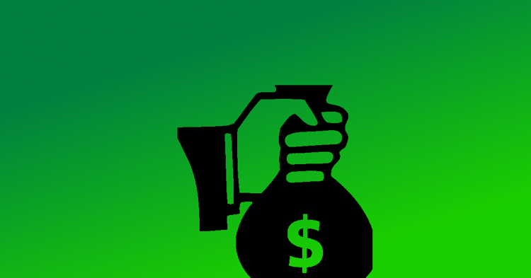 A black silhouette of a hand gripping a money bag, featuring a white dollar sign centered on the bag