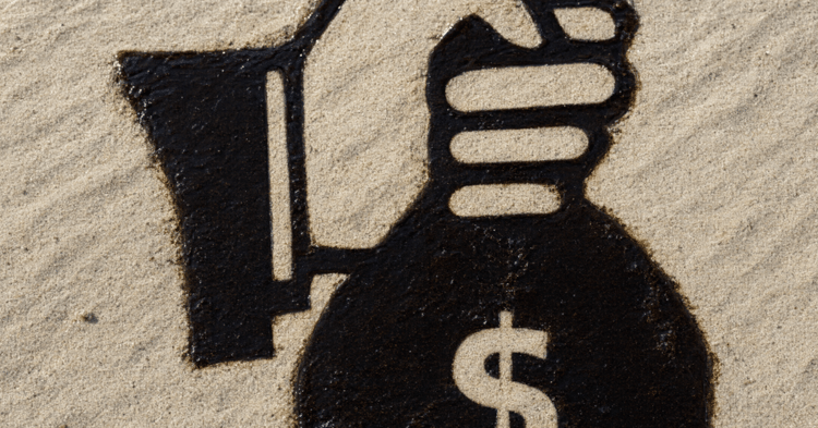 A black and white graphic of a hand gripping a money bag with a dollar sign