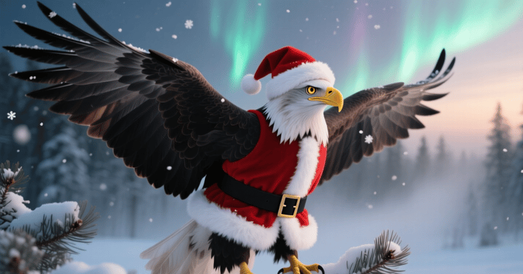 A bald eagle dressed as Santa