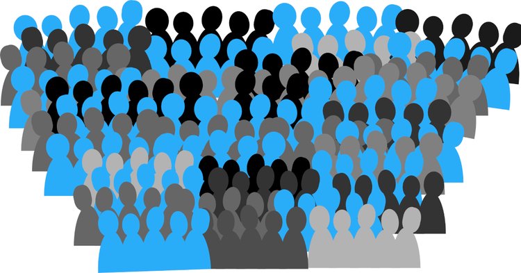 A crowd of stylized blue, black, and gray human silhouettes arranged in rows facing forward