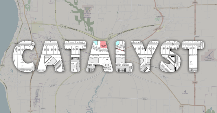 Map highlighting a planned unit development (Catalyst) near Fairhope Avenue and Hwy 181 in Fairhope, Alabama