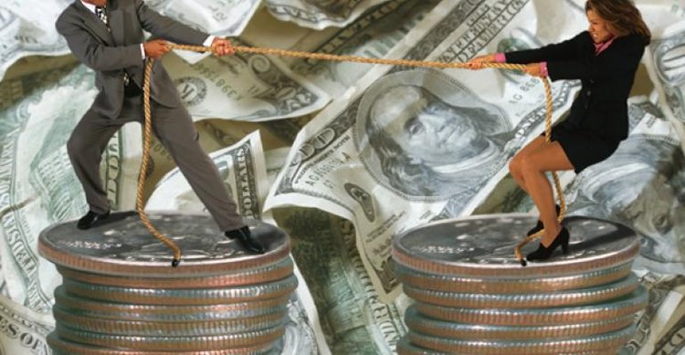 Divorce dispute: A man and woman pull on a rope atop stacks of money, illustrating financial battles in divorce cases