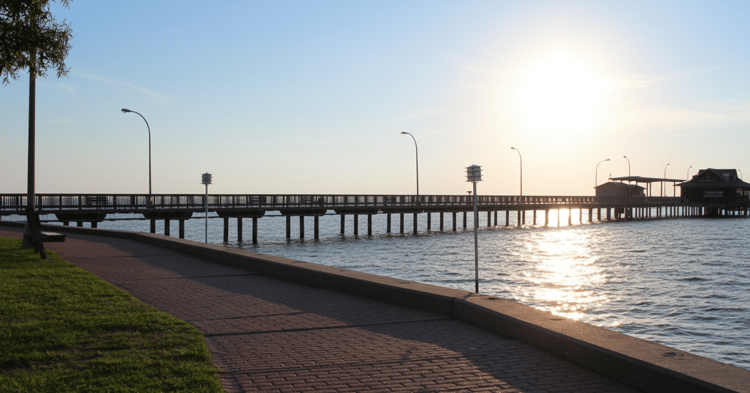 Fairhope waterfront scene at sunset; overlaid with 2020, referencing local politics and recent events discussed in the a...
