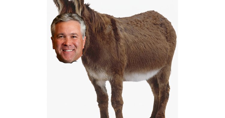 A composite image showing a donkey standing in profile with Jack Burrells head superimposed over its neck against a white background