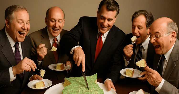 Group of men in suits eating cake, possibly symbolizing a hidden deal related to land ownership in Baldwin County