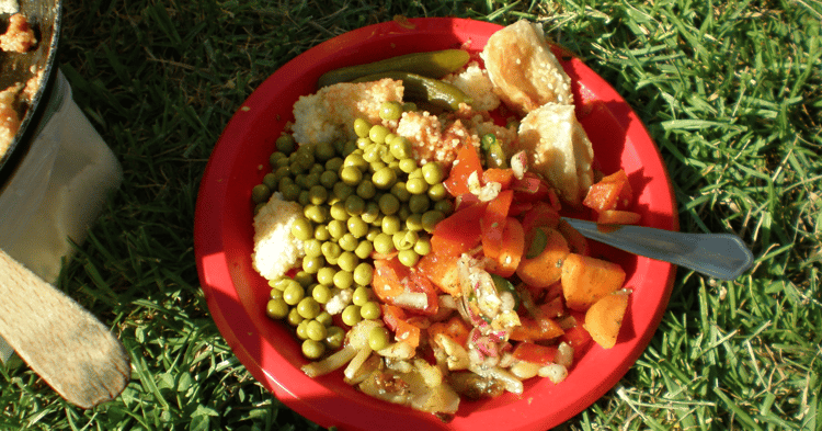 A red plastic plate on grass contains green peas, diced tomatoes, onions, and flatbread pieces with a metal spoon resting inside