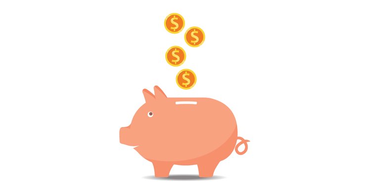 A cartoon illustration of a pink piggy bank with four gold coins falling into its slot on a white background