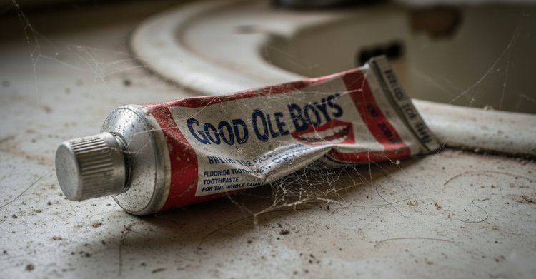 A worn tube of Good Ole Boys toothpaste sits on a dirty sink, symbolizing the fading influence of old-school politics in...