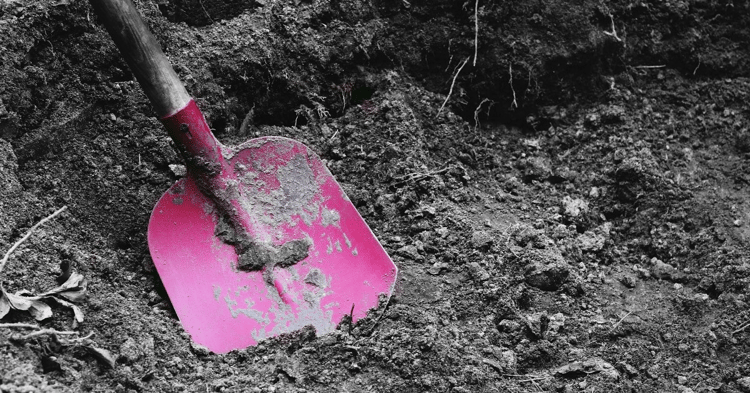 A bright pink shovel is embedded in dark, loose soil. The rest of the black-and-white photograph shows disturbed earth