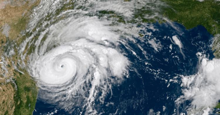 Satellite view of Hurricane Harvey over Texas and Louisiana, displaying the storms eye and extensive cloud formation