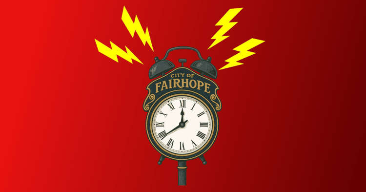 Fairhope city flag with clock tower design, overlaid with lightning bolts, symbolizing controversy in local politics