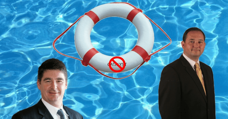 Two men in suits stand before a pool backdrop; a life ring labeled Catalyst floats above them, referencing concerns abou...