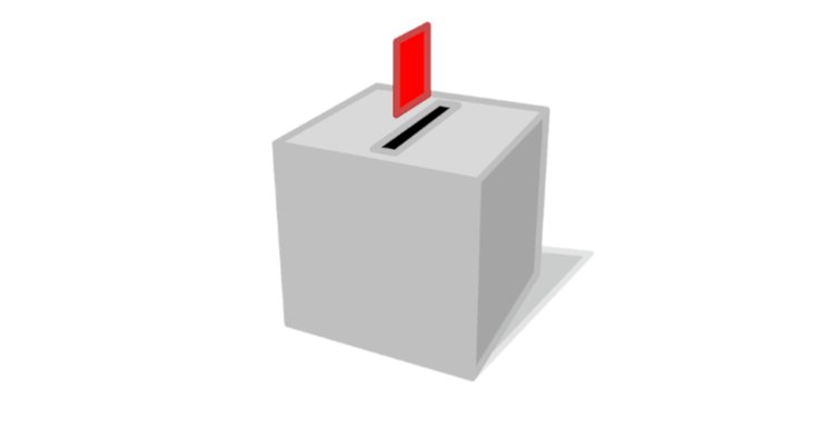 A gray ballot box with a black slot and a red rectangular marker sticking out, set against a white background