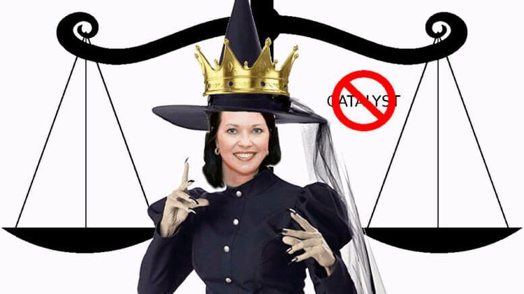 Illustration depicting a woman in judicial robes and a witch hat standing behind scales of justice, marked with a no cata...