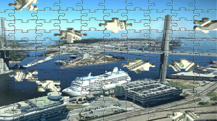 Bridge construction puzzle over Mobile Bay; representing unresolved issues and lack of public confidence in Alabama infras...