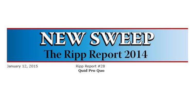 Blue banner with red borders displaying NEW SWEEP The Ripp Report 2014. Below, smaller text reads January 12, 2015, Ripp Report #28, and Quid Pro Quo