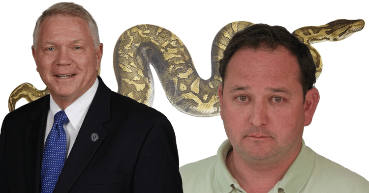 Political figures Eddie Tyler and Jonathan Gray depicted alongside a snake, referencing alleged questionable dealings in B...