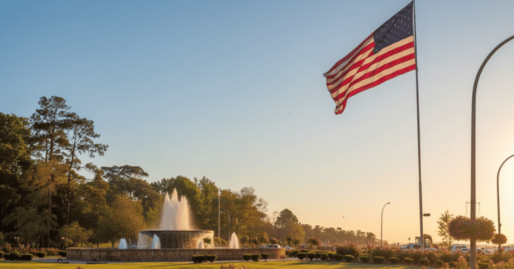 Fairhope, Alabama: American flag flies over a fountain in a public square, representing local government concerns