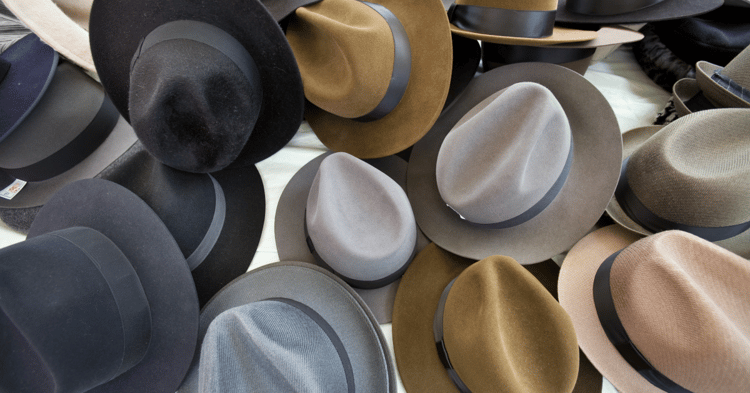 A top-down view of various black, brown, beige, and gray wide-brimmed hats arranged on a white surface