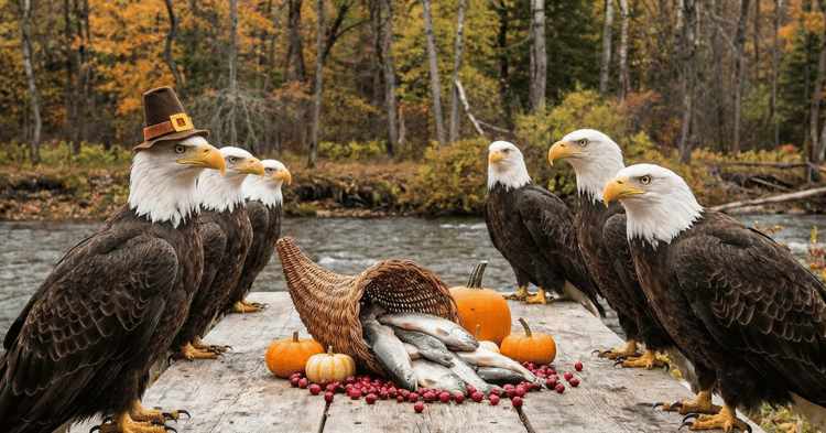 Bald eagles perched near a plates of food for Thanksgiving
