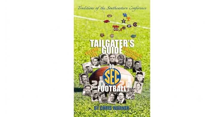 Book cover for Chris Warners Tailgaters Guide to SEC Football. The green field background features team logos, a football, and black-and-white portraits