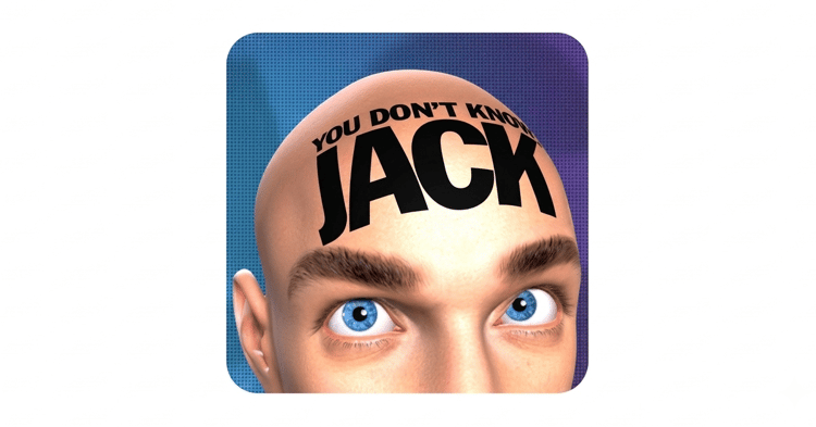 A close-up of a bald mans face with the text YOU DONT KNOW JACK printed across his forehead against a blue and purple dotted background