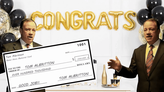 Tom Albritton receives a large check from the Mabel Amos Scholarship Trust, referencing ethics and financial values - animated