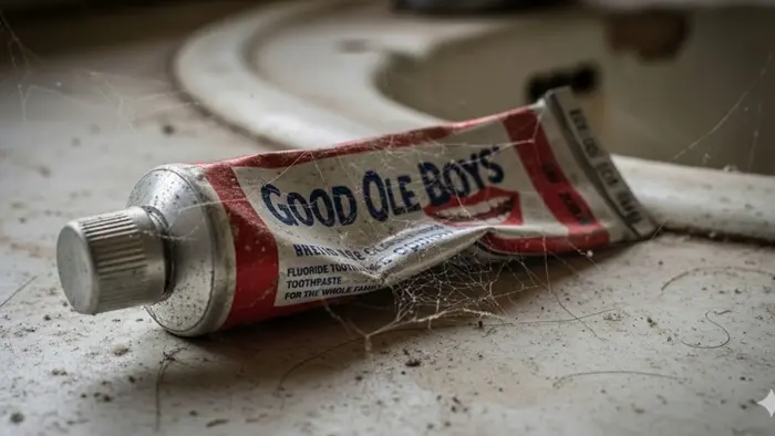 A worn tube of Good Ole Boys toothpaste sits on a dirty sink, symbolizing the fading influence of old-school politics in... - animated