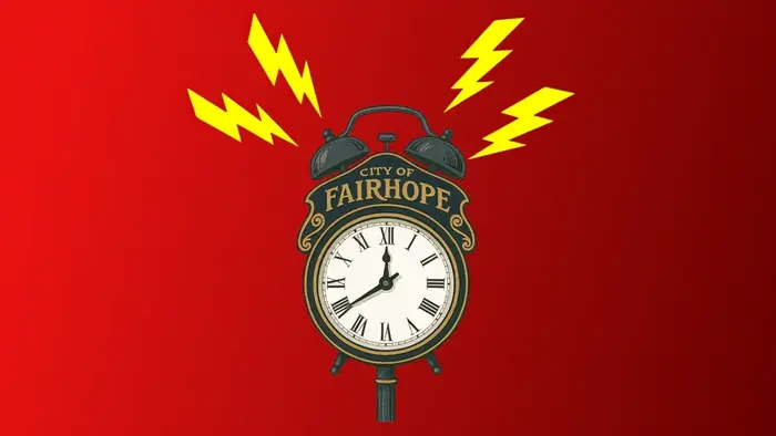 Fairhope city flag with clock tower design, overlaid with lightning bolts, symbolizing controversy in local politics - animated